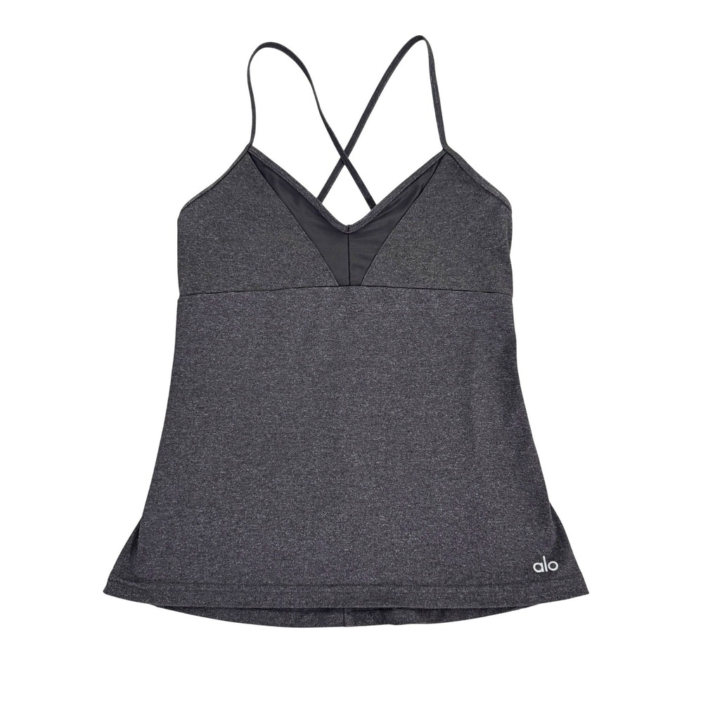 ALO YOGA V-Neck Mesh Inset Shelf Bra Tank Top Heathered Charcoal Grey Small